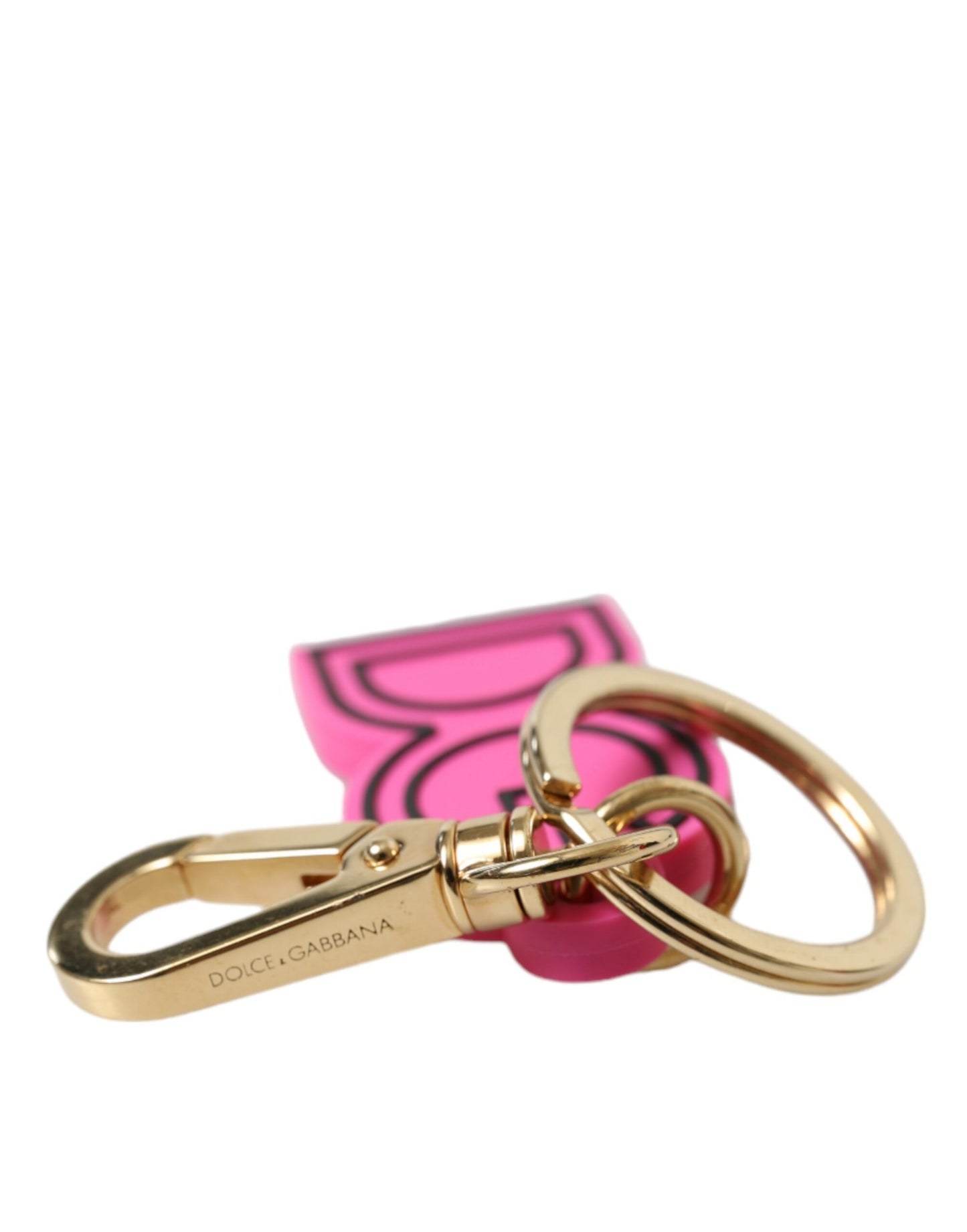 Dolce & Gabbana Schlüsselanhänger mit DG-Logo aus rosa Gummi und goldfarbenem Metall