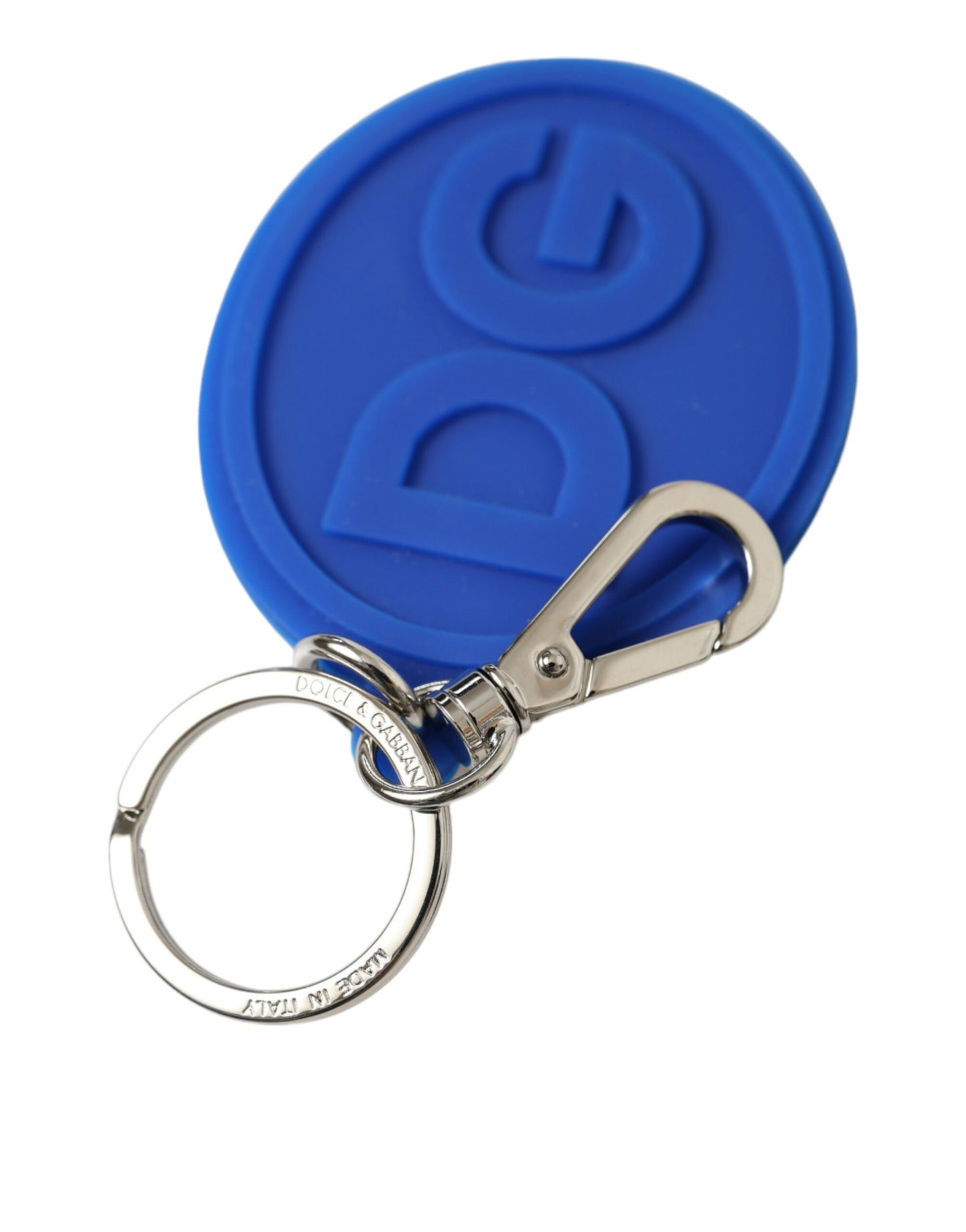 Dolce & Gabbana Schlüsselanhänger mit DG-Logo aus blauem Gummi und silbernem Messing