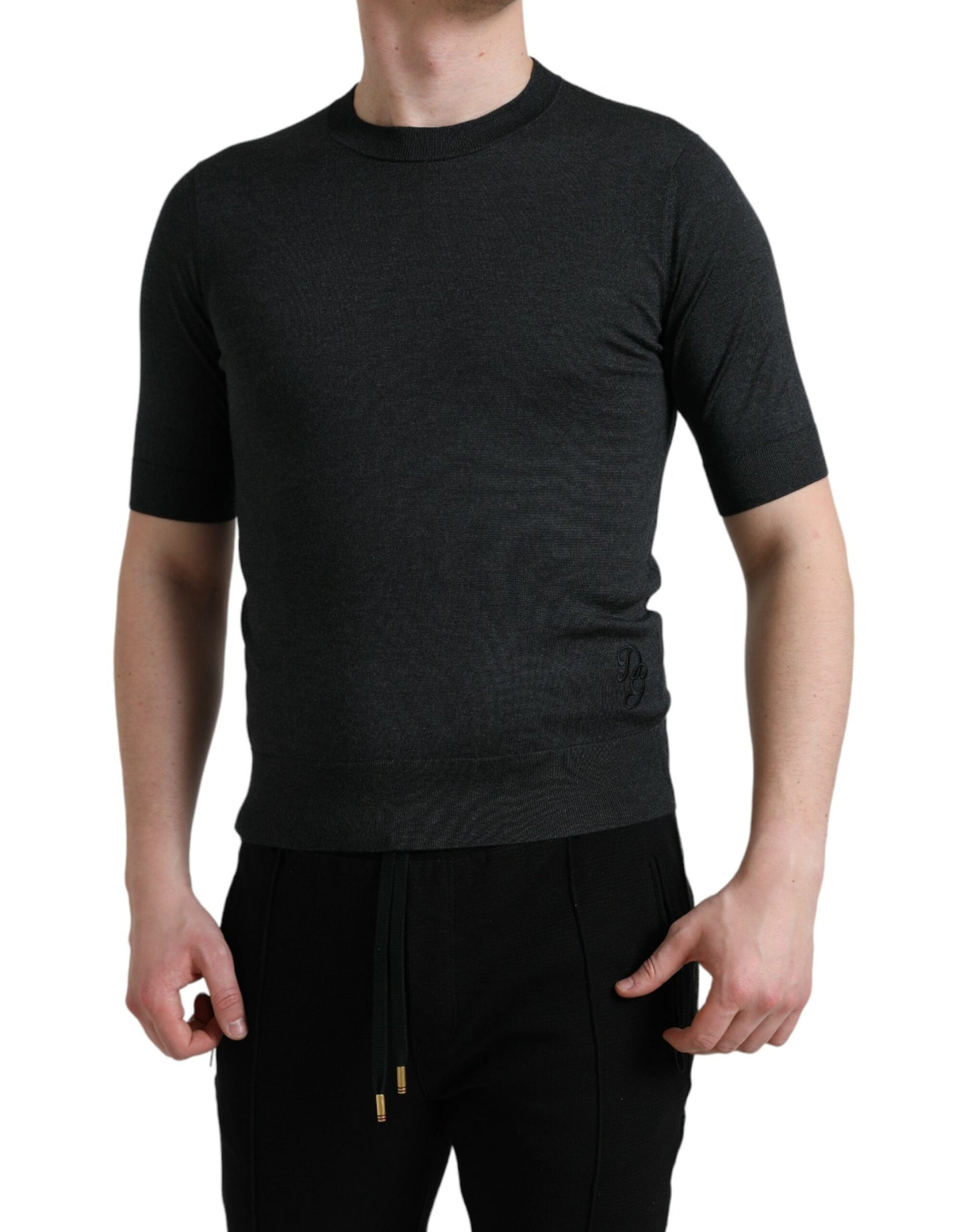 Dolce & Gabbana – Dunkelgraues T-Shirt mit Rundhalsausschnitt und kurzen Ärmeln