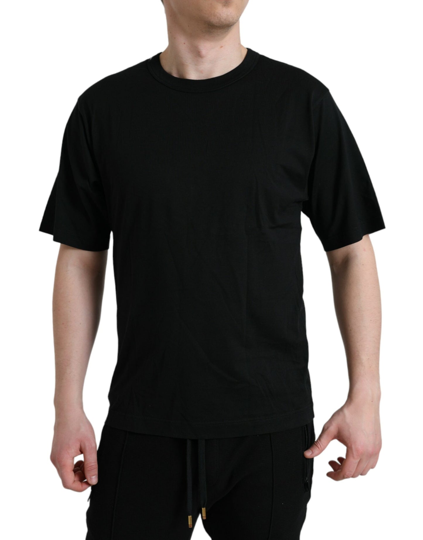Dolce & Gabbana – Schwarzes T-Shirt mit Rundhalsausschnitt und kurzen Ärmeln und geprägtem Logo