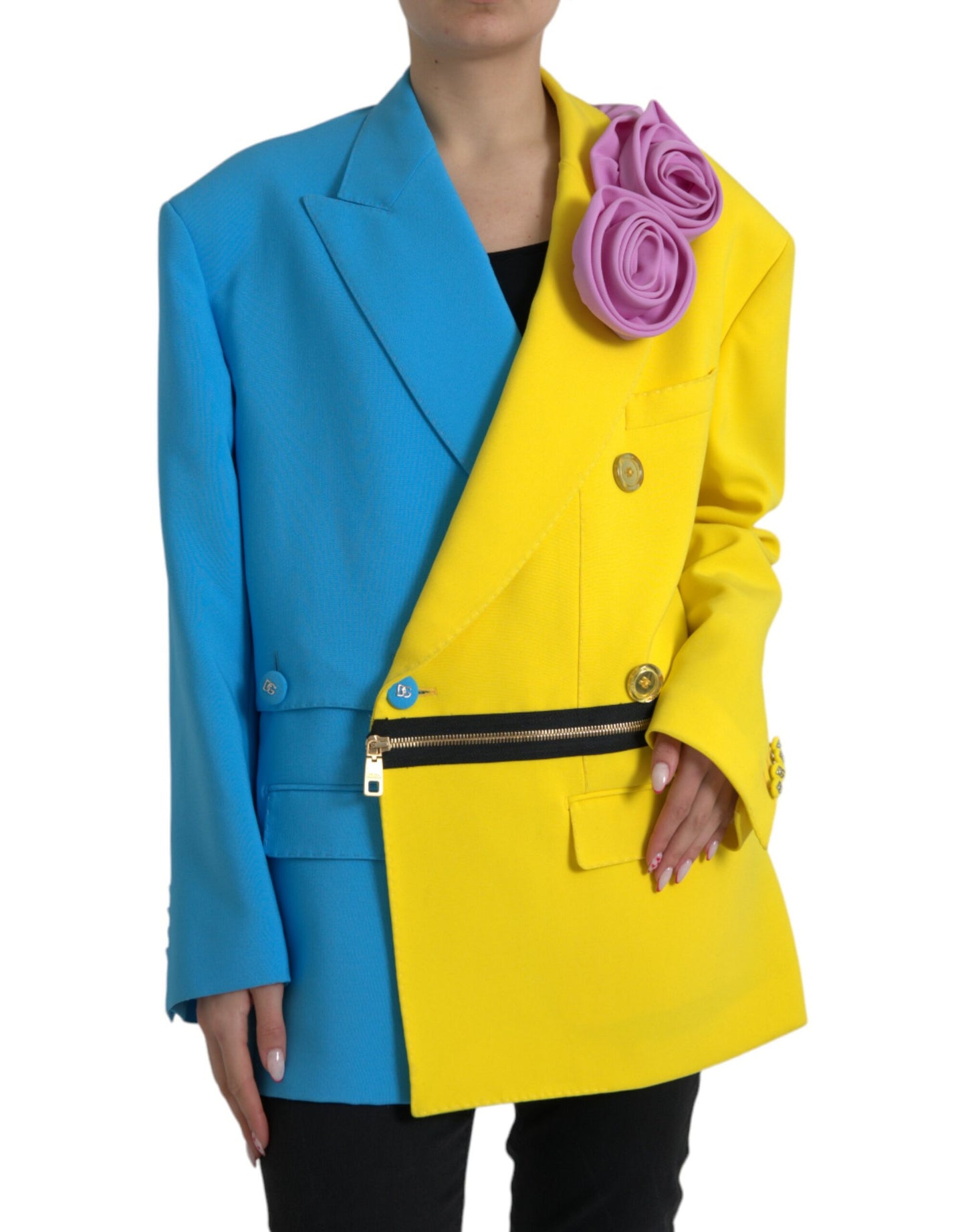 Dolce & Gabbana – Mehrfarbige Patchwork-Manteljacke mit Blumenapplikationen