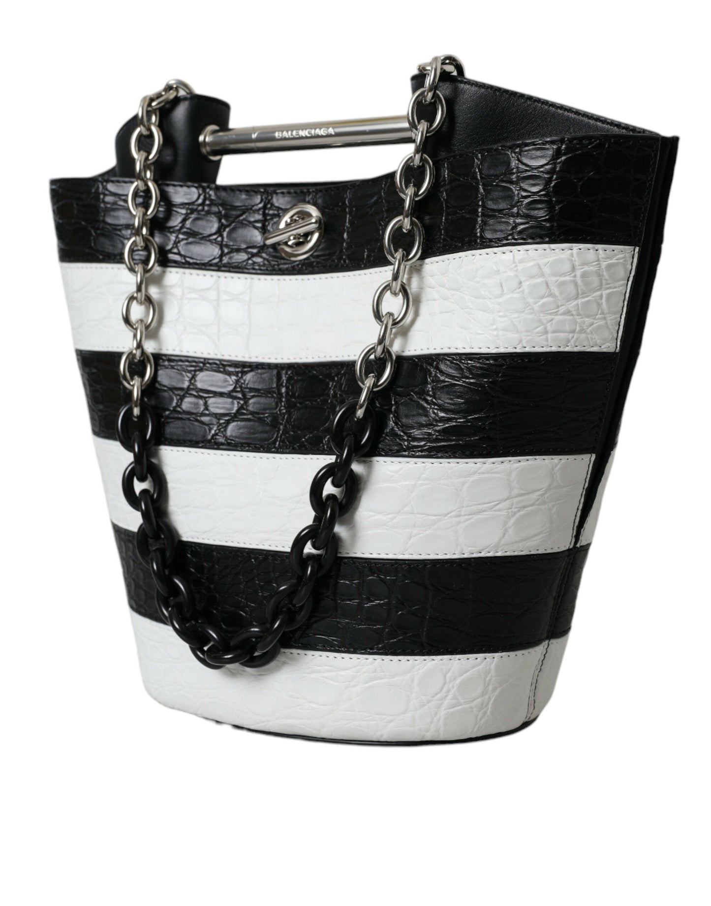 Balenciaga – Maxi-Eimertasche aus Leder mit Streifen in Schwarz und Weiß