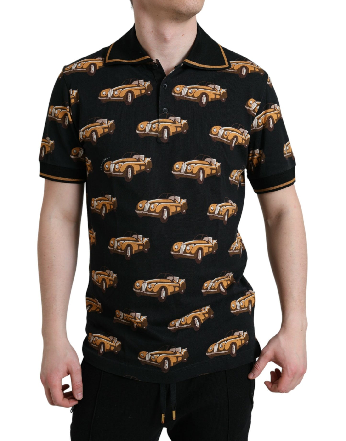 Dolce & Gabbana – Schwarzes Poloshirt mit Auto-Print und kurzen Ärmeln