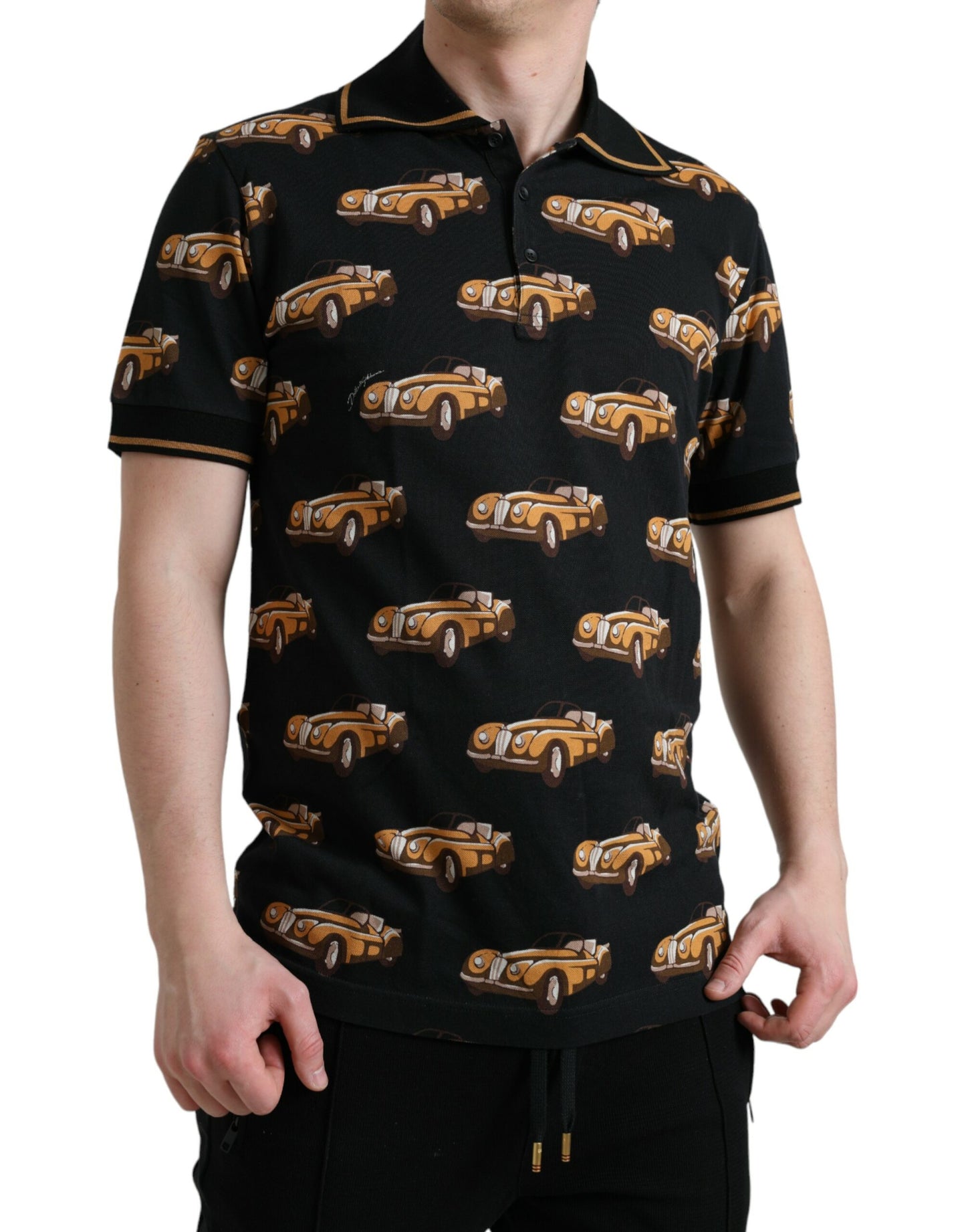 Dolce & Gabbana – Schwarzes Poloshirt mit Auto-Print und kurzen Ärmeln