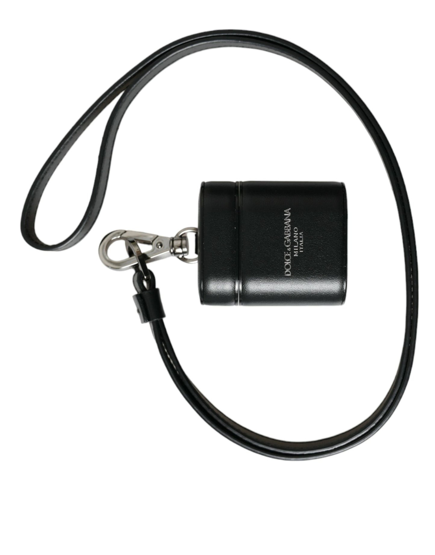 Dolce & Gabbana – Airpods-Hülle mit schwarzem Lederarmband und silbernem Metalllogo