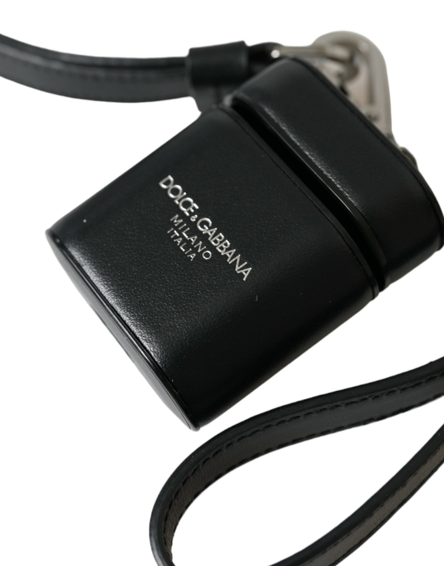 Dolce & Gabbana – Airpods-Hülle mit schwarzem Lederarmband und silbernem Metalllogo