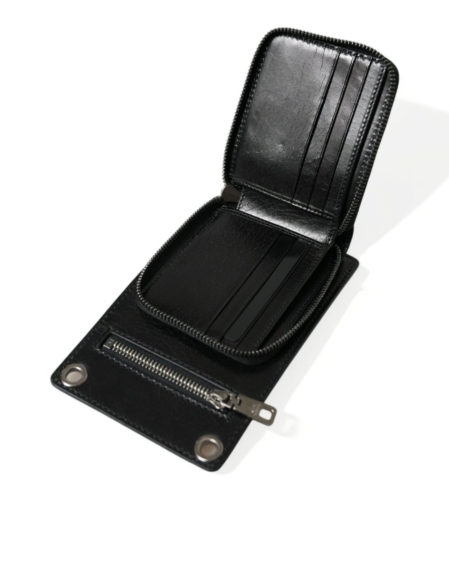 Dolce & Gabbana Geldbörse, schwarzes Pferdeleder, Reißverschluss, Logo, Umhängetasche, Handyfach