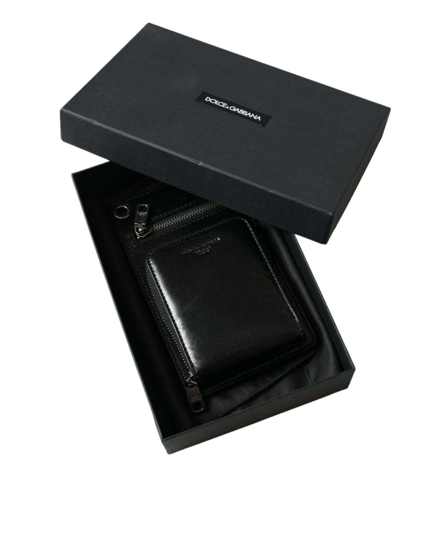 Dolce & Gabbana Geldbörse, schwarzes Pferdeleder, Reißverschluss, Logo, Umhängetasche, Handyfach