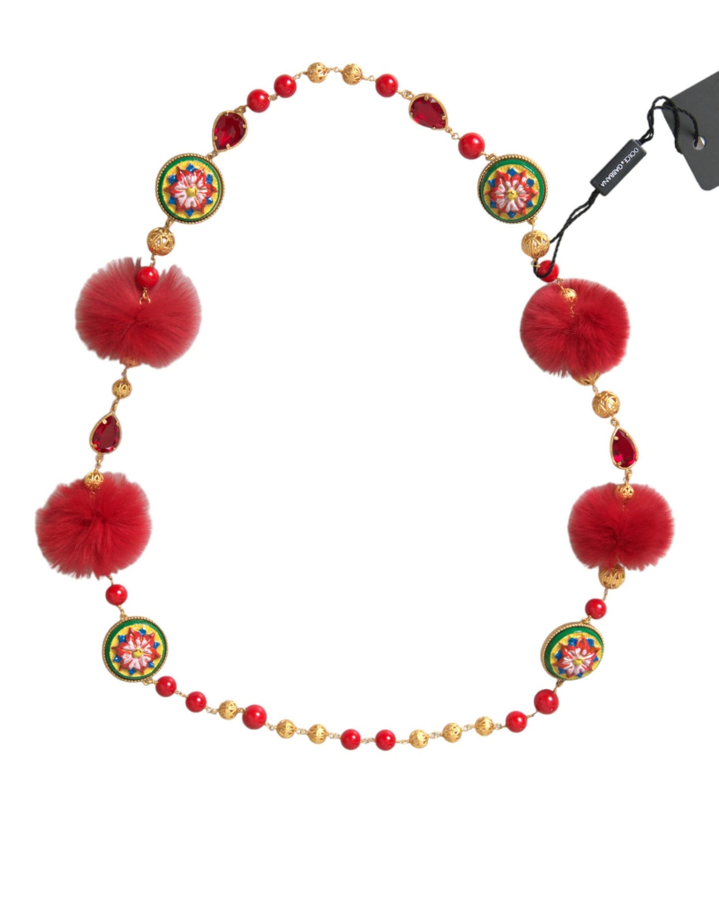 Dolce & Gabbana Carretto-Kettenhalskette aus goldenem Messing mit rotem Pelz und Kristallen