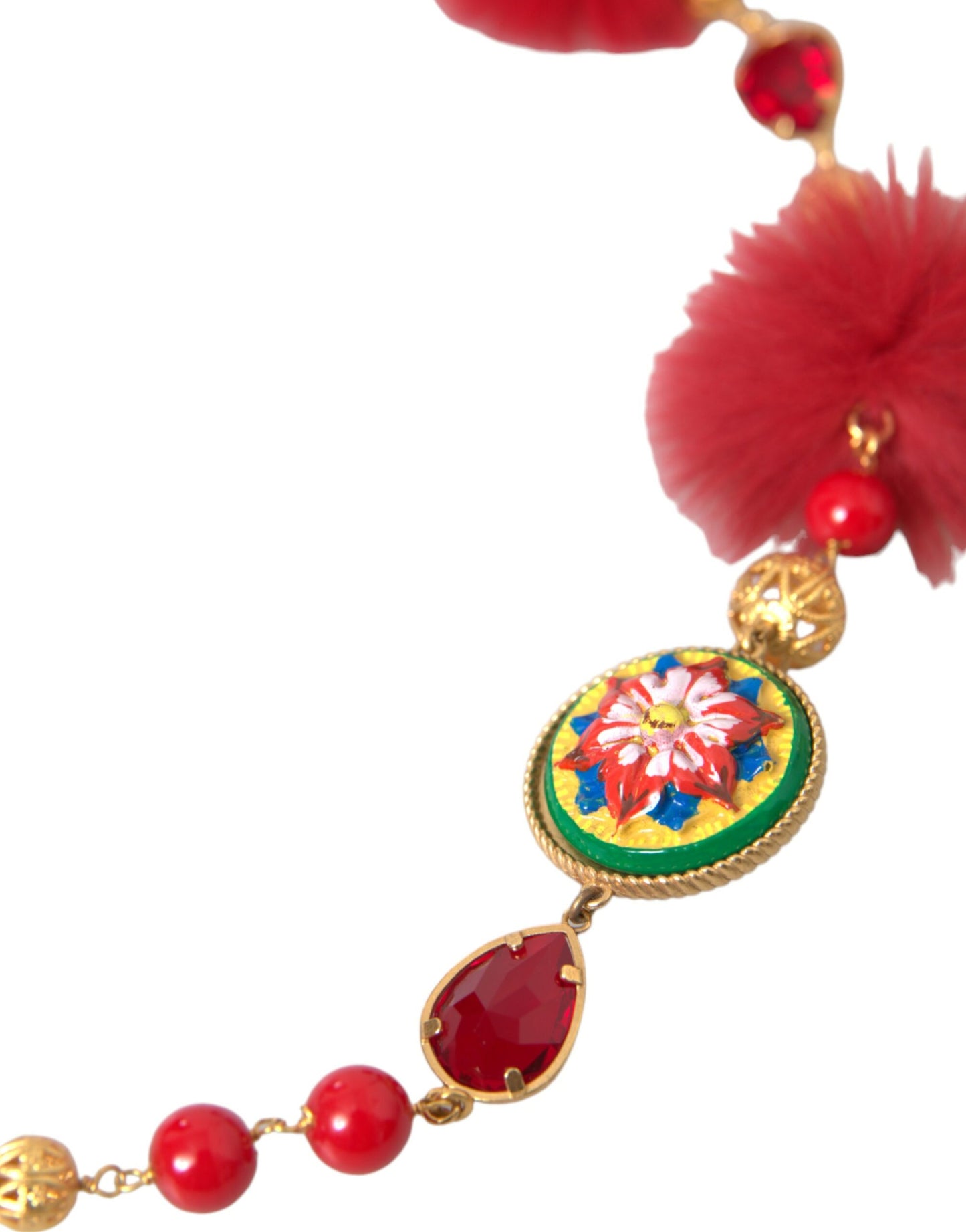 Dolce & Gabbana Carretto-Kettenhalskette aus goldenem Messing mit rotem Pelz und Kristallen