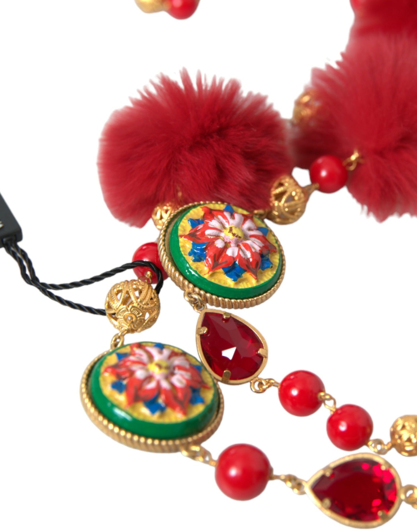 Dolce & Gabbana Carretto-Kettenhalskette aus goldenem Messing mit rotem Pelz und Kristallen