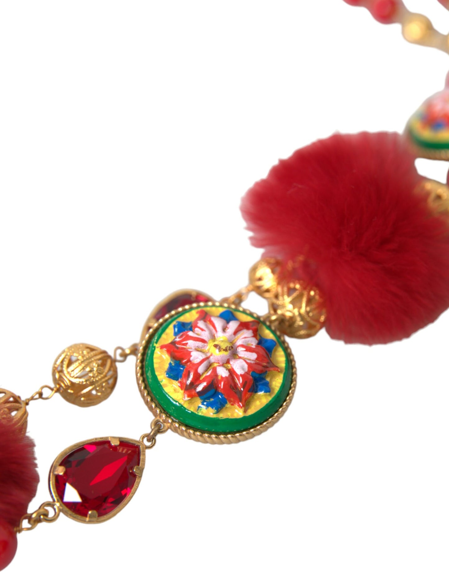 Dolce & Gabbana Carretto-Kettenhalskette aus goldenem Messing mit rotem Pelz und Kristallen