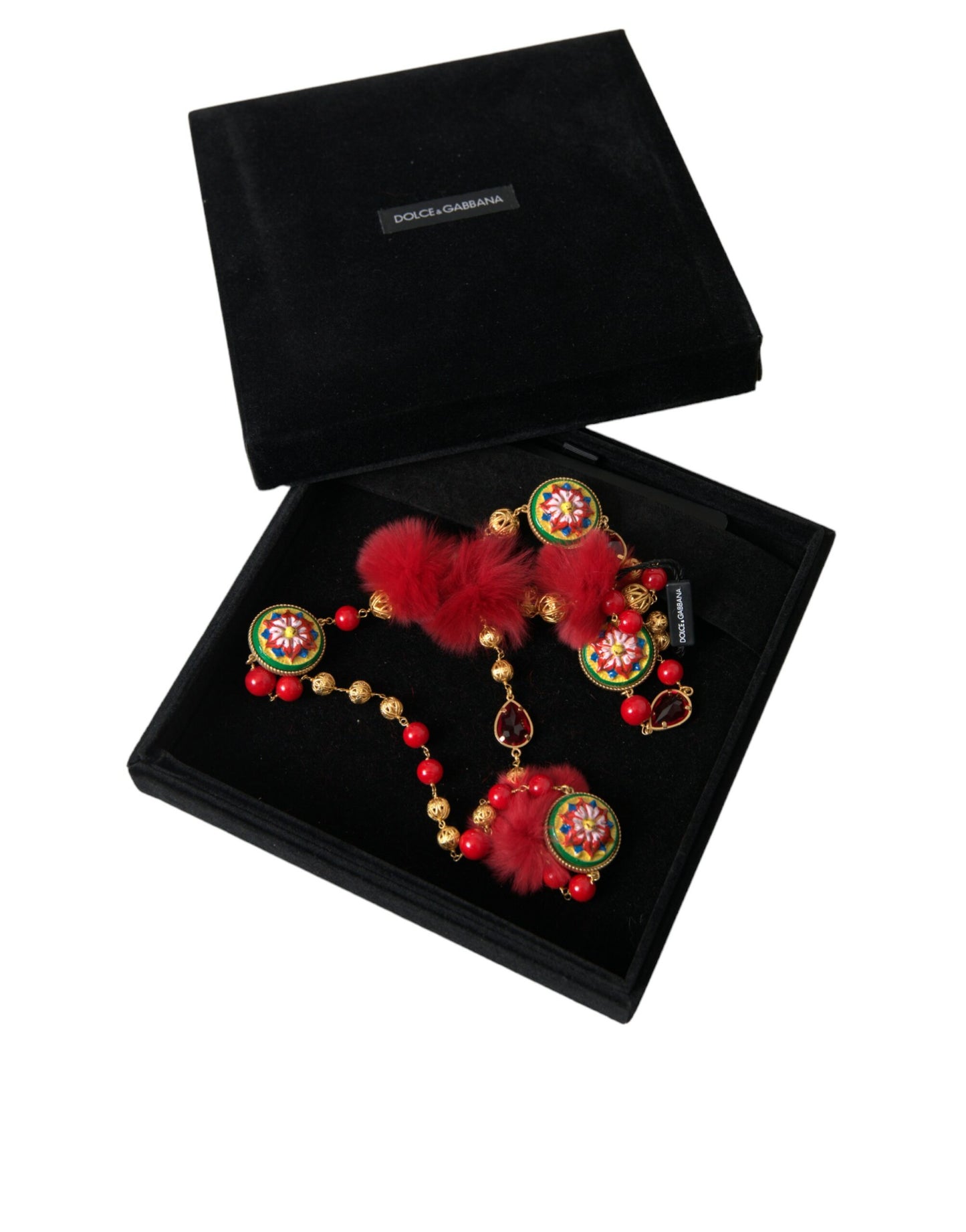 Dolce & Gabbana Carretto-Kettenhalskette aus goldenem Messing mit rotem Pelz und Kristallen