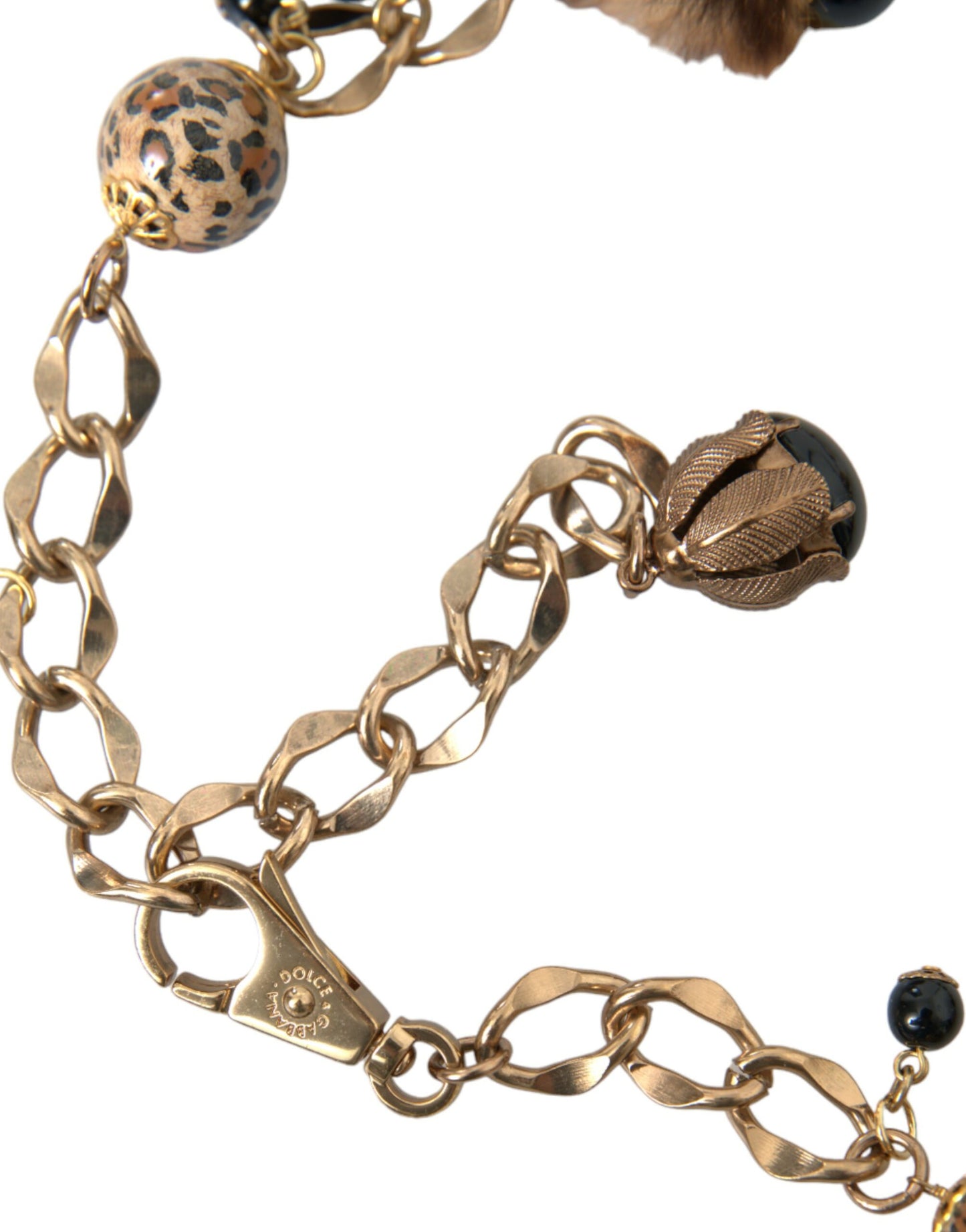 Dolce & Gabbana Gold Brass Leopard Fur Pearl Necklace Chain Belt