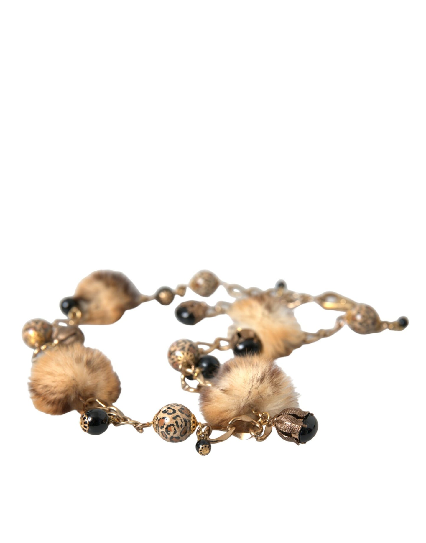 Dolce & Gabbana Gold Brass Leopard Fur Pearl Necklace Chain Belt