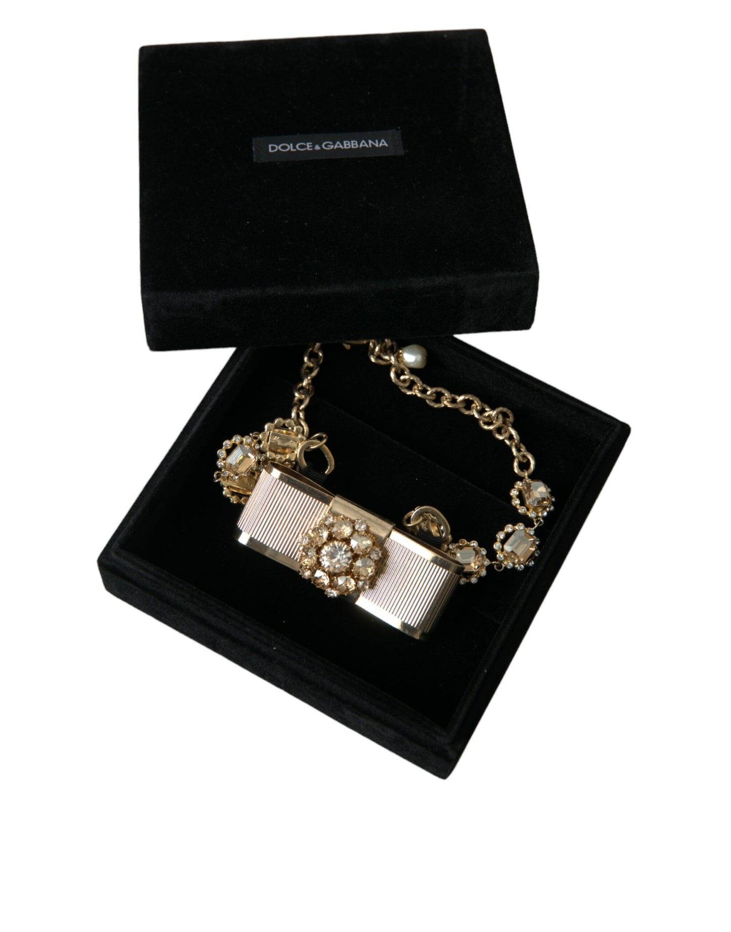 Dolce & Gabbana – Choker-Halskette mit Schleife und durchsichtigem Kristall aus goldenem Messing