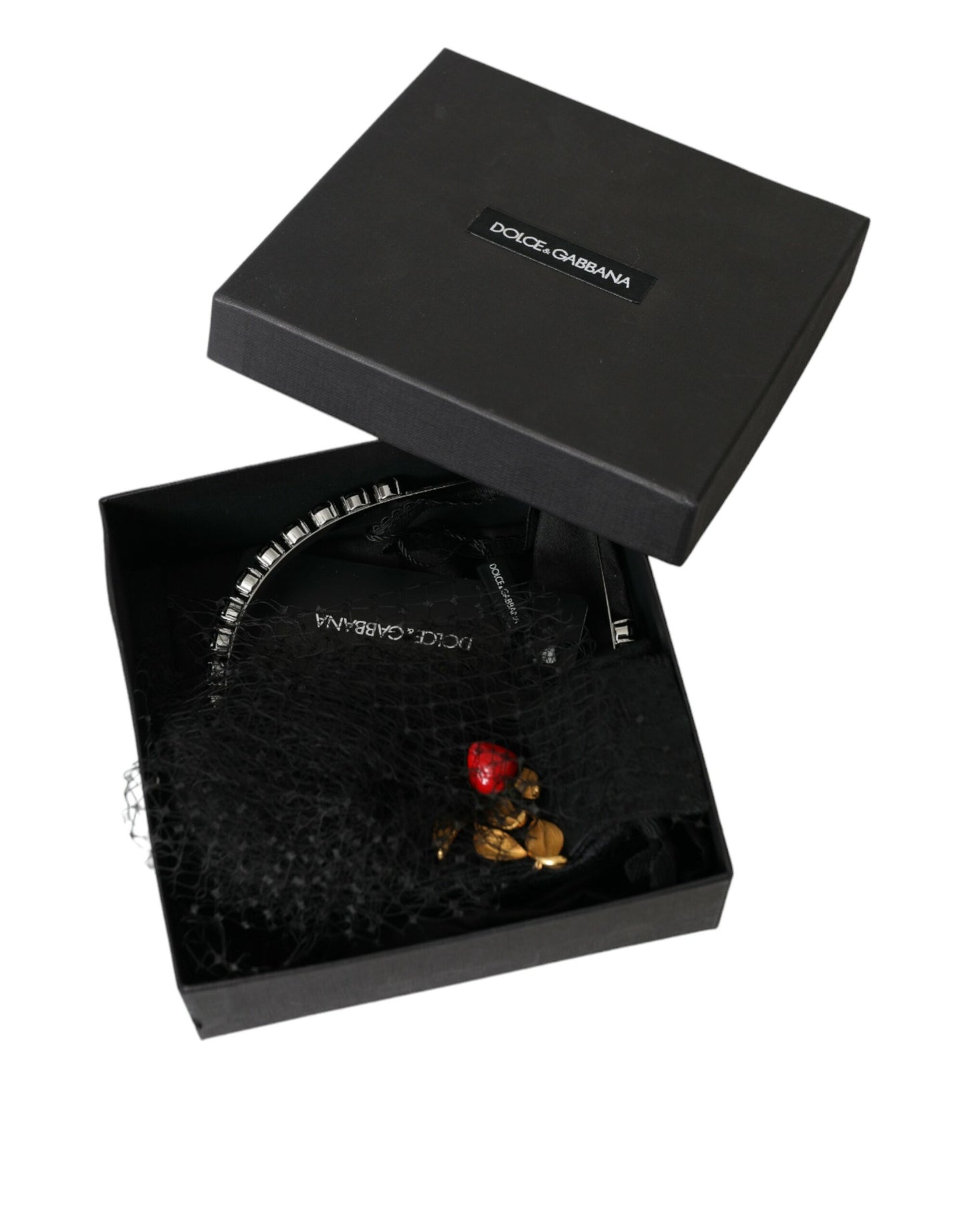 Dolce & Gabbana Schwarzes Erdbeer-Sizilien-Kristallnetz-Stirnband-Diadem
