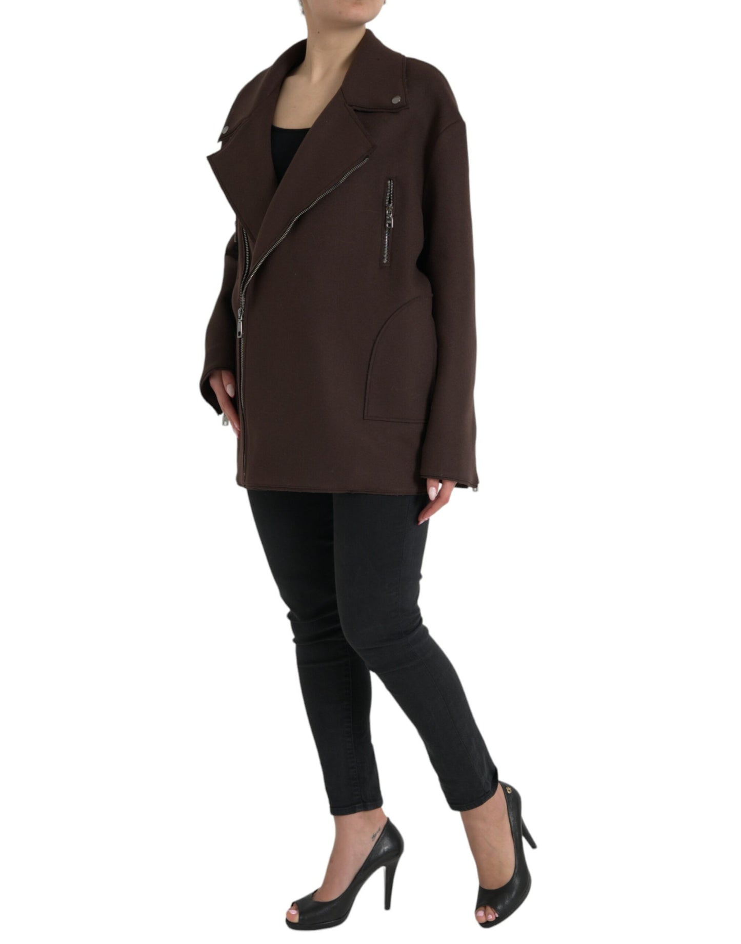 Dolce & Gabbana Brauner Mantel Kurze Biker-Wolljacke