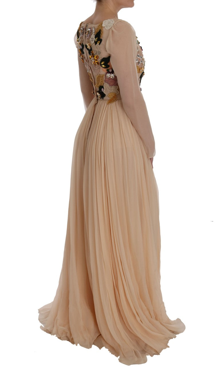 Dolce & Gabbana – Maxikleid aus rosa Seide mit Blumenmuster und Kristallen