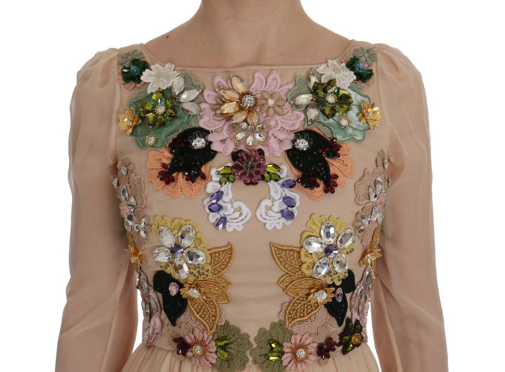 Dolce & Gabbana – Maxikleid aus rosa Seide mit Blumenmuster und Kristallen