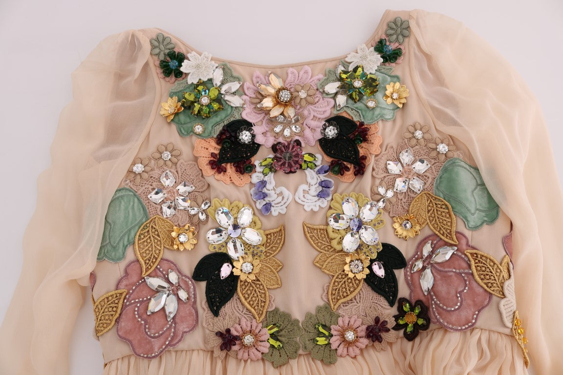 Dolce & Gabbana – Maxikleid aus rosa Seide mit Blumenmuster und Kristallen