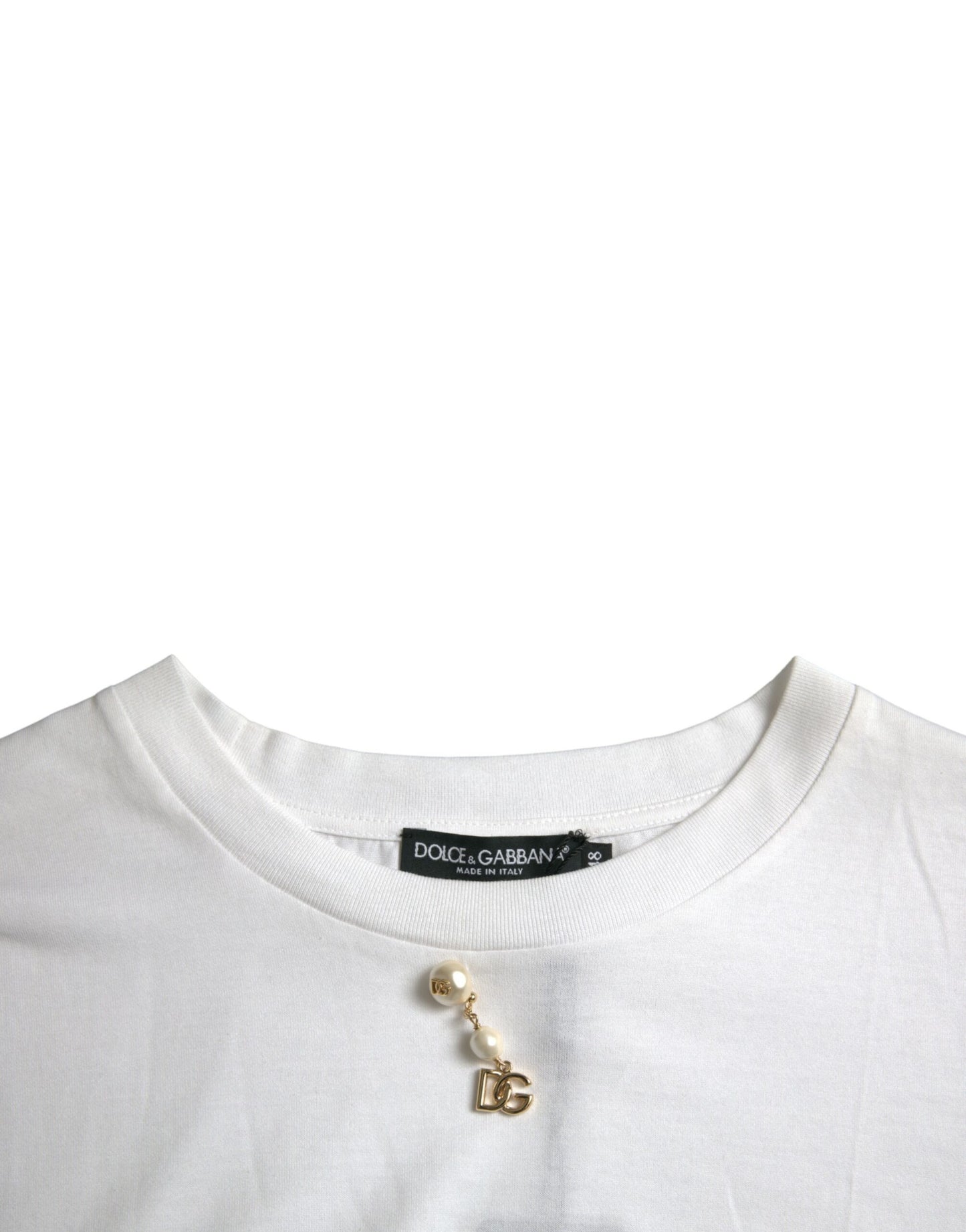 Dolce & Gabbana – Weißes, verziertes Baumwoll-T-Shirt mit Rundhalsausschnitt