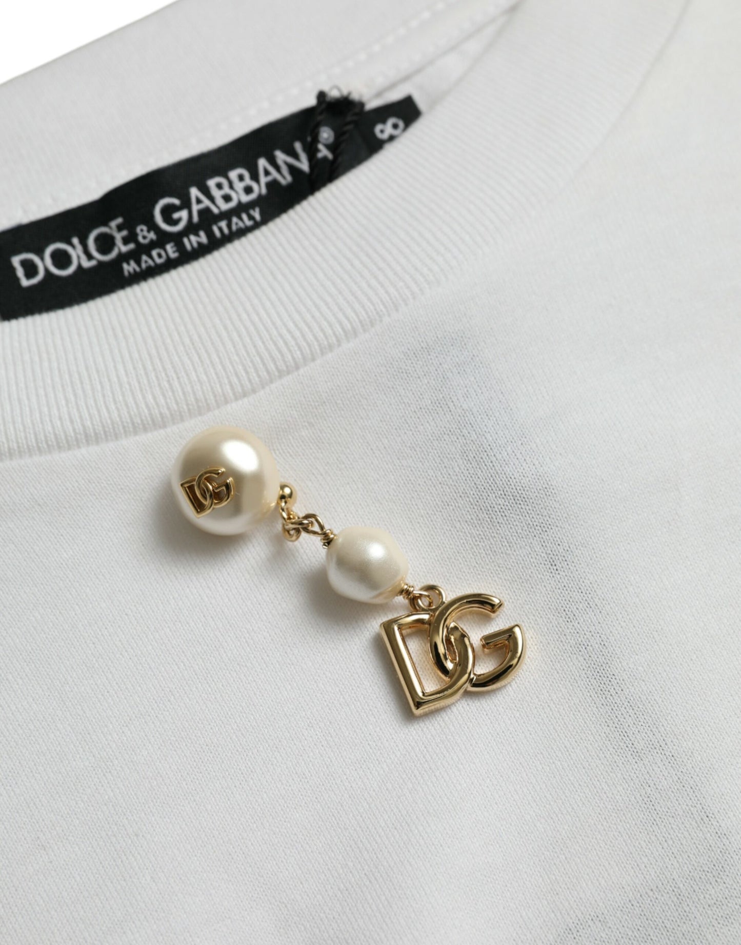 Dolce & Gabbana – Weißes, verziertes Baumwoll-T-Shirt mit Rundhalsausschnitt