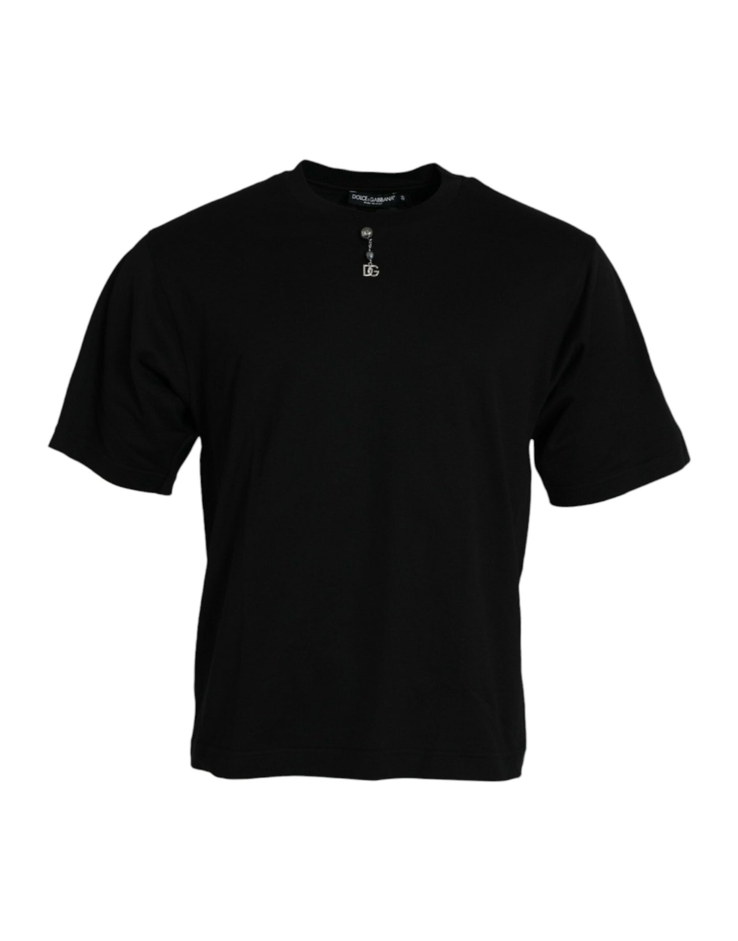Dolce & Gabbana – Schwarzes, verziertes T-Shirt aus Baumwolle mit Rundhalsausschnitt