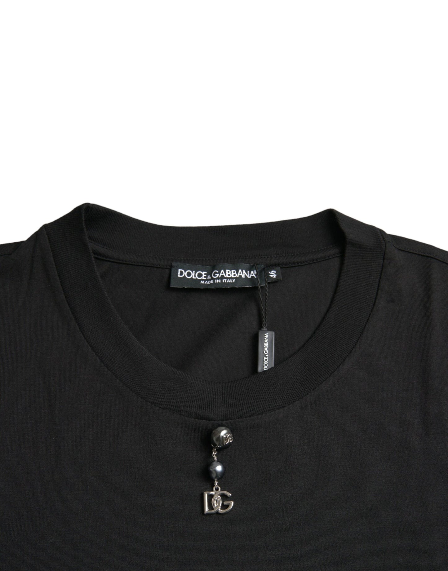 Dolce & Gabbana – Schwarzes, verziertes T-Shirt aus Baumwolle mit Rundhalsausschnitt