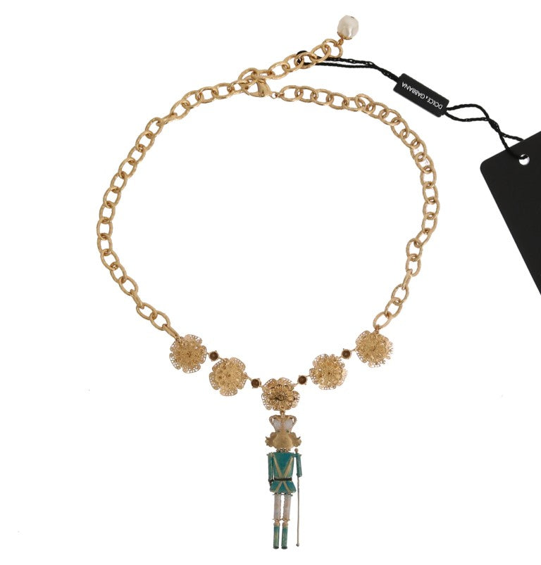 Dolce & Gabbana Halskette aus goldenem Messing mit handbemalten Kristallen und Blumenmotiv