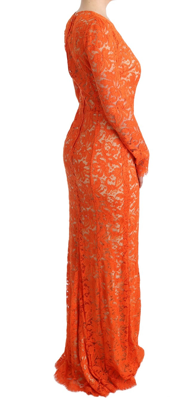 Dolce & Gabbana – Langes Etuikleid „Ricamo“ mit Blumenmuster in Orange
