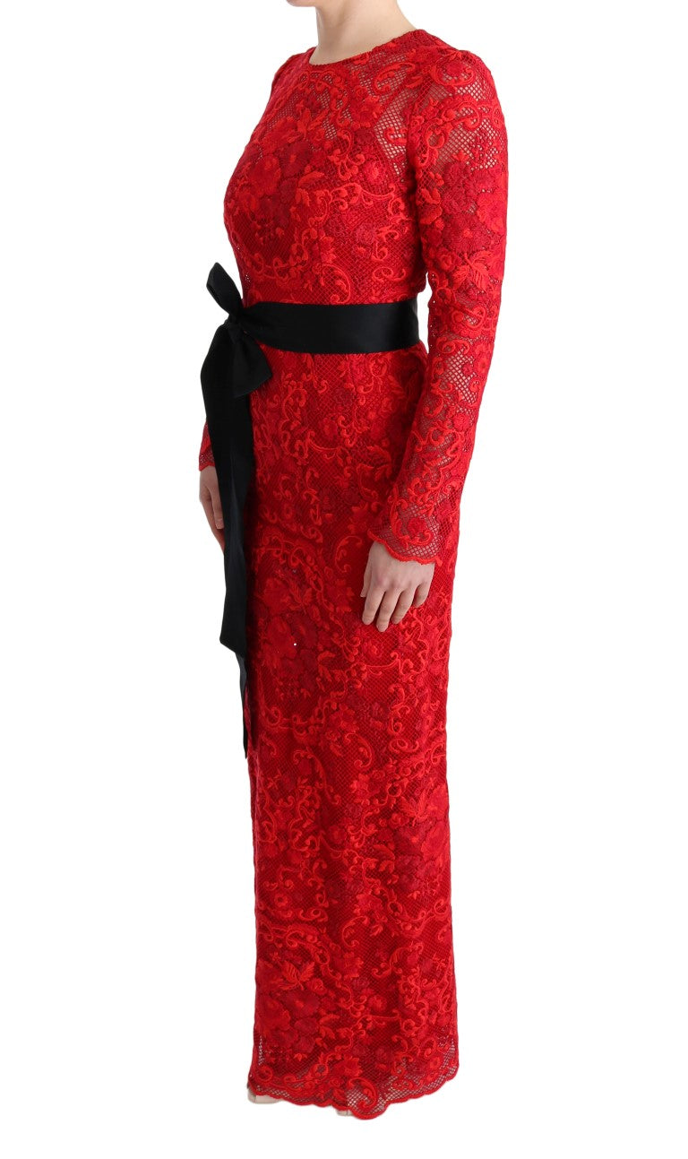 Dolce & Gabbana – Langes Etuikleid „Ricamo“ mit rotem Blumenmuster