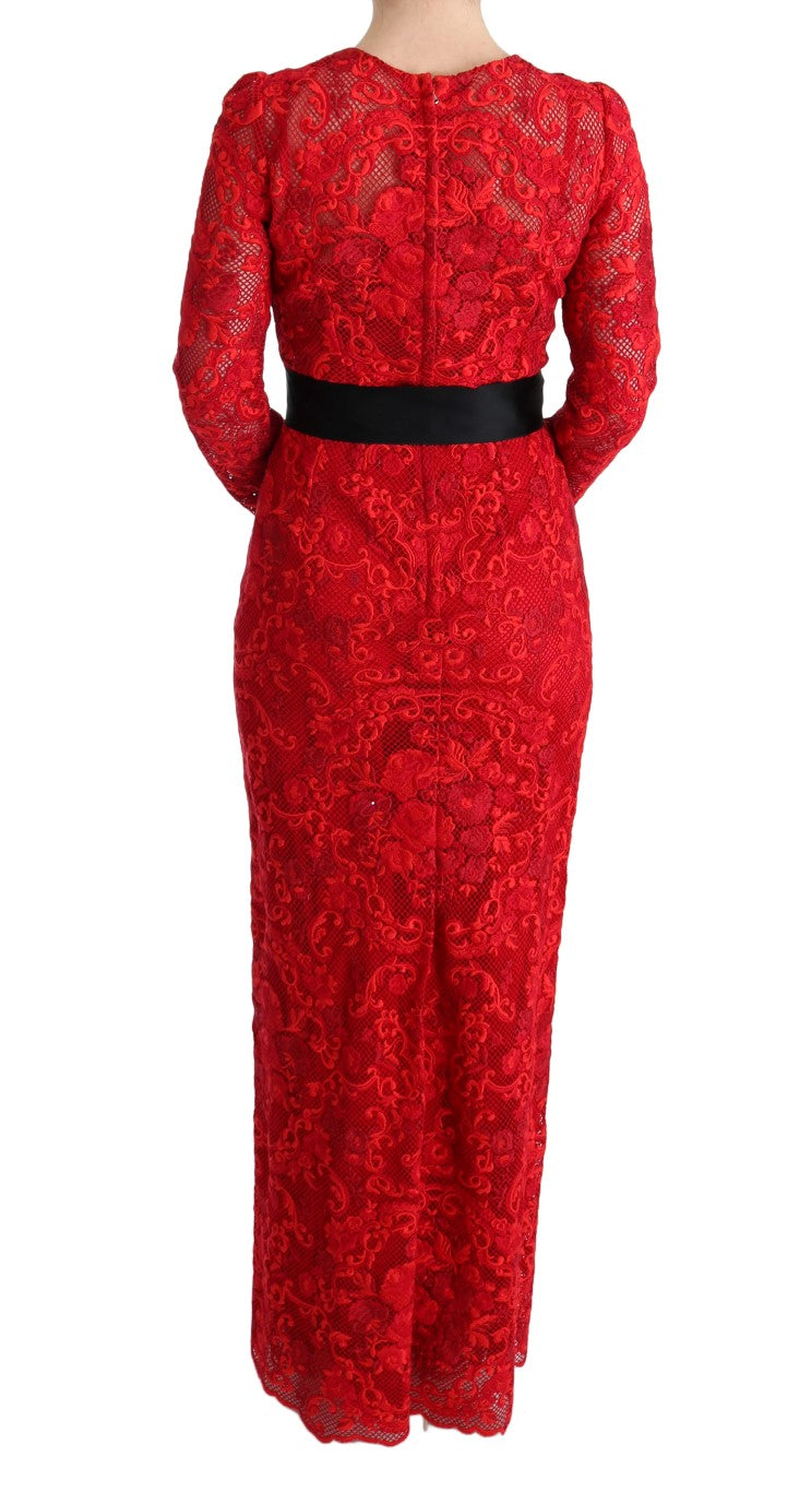 Dolce & Gabbana – Langes Etuikleid „Ricamo“ mit rotem Blumenmuster