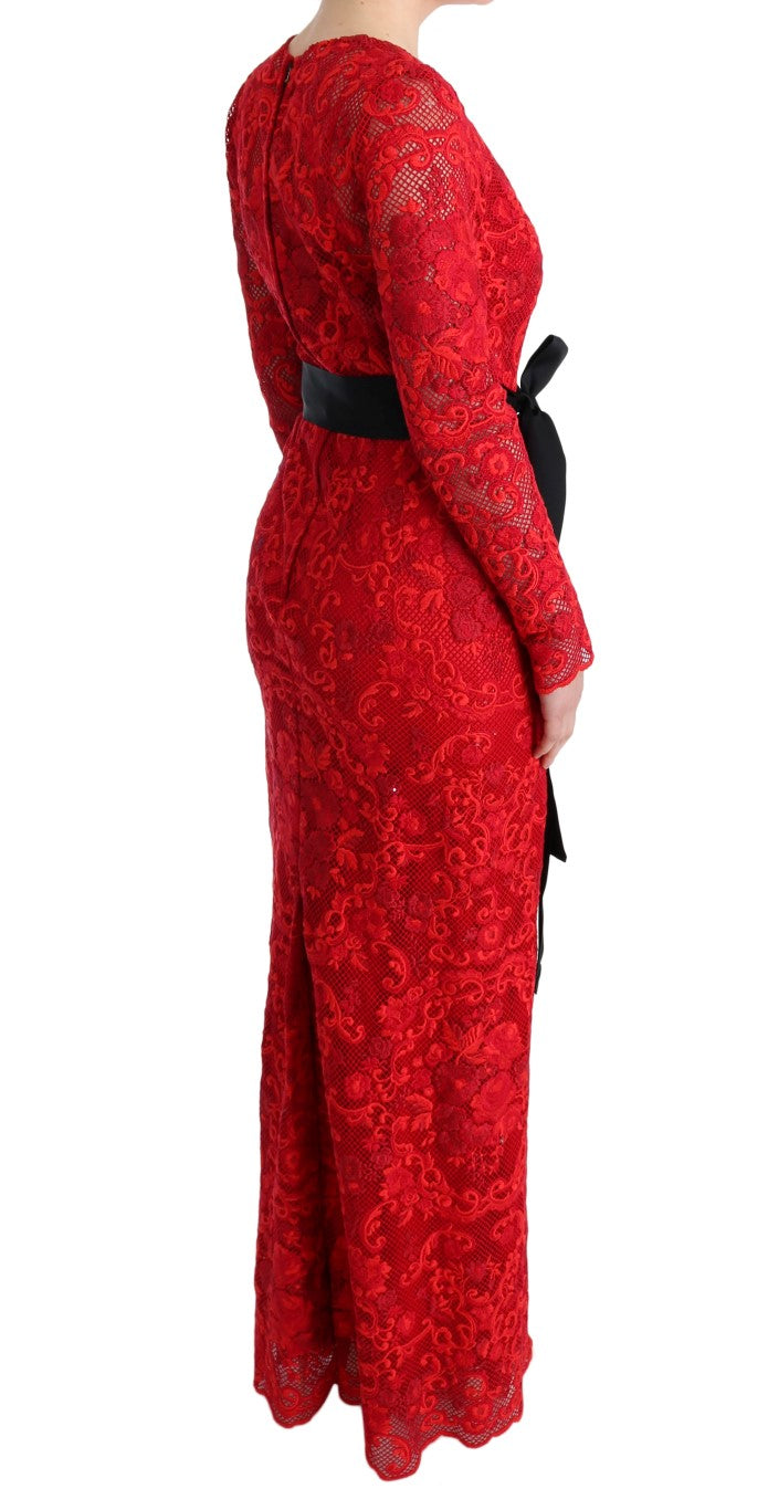 Dolce & Gabbana – Langes Etuikleid „Ricamo“ mit rotem Blumenmuster
