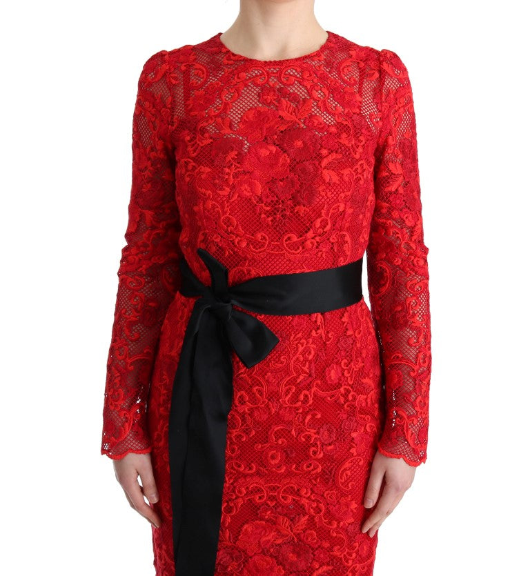 Dolce & Gabbana – Langes Etuikleid „Ricamo“ mit rotem Blumenmuster