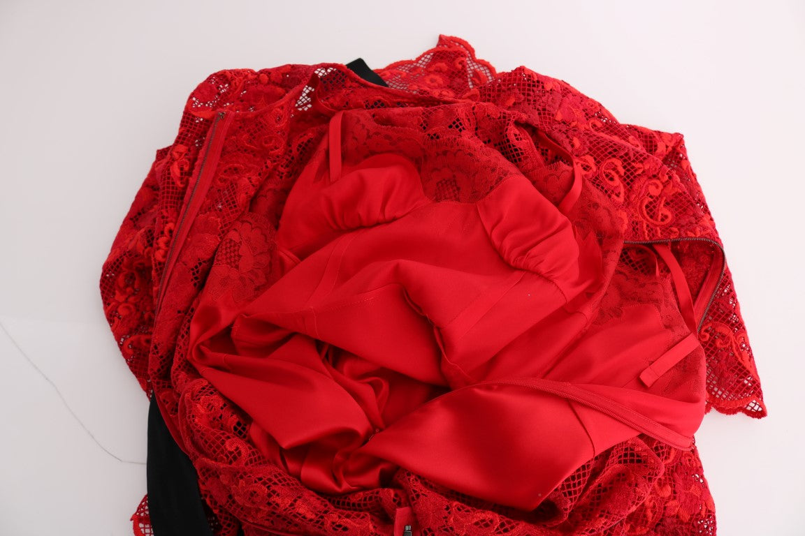 Dolce & Gabbana – Langes Etuikleid „Ricamo“ mit rotem Blumenmuster