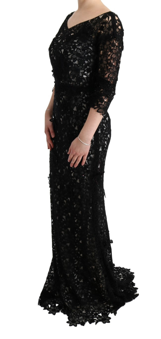 Dolce & Gabbana Schwarzes langes Kleid aus Baumwollseide mit Blumenmuster