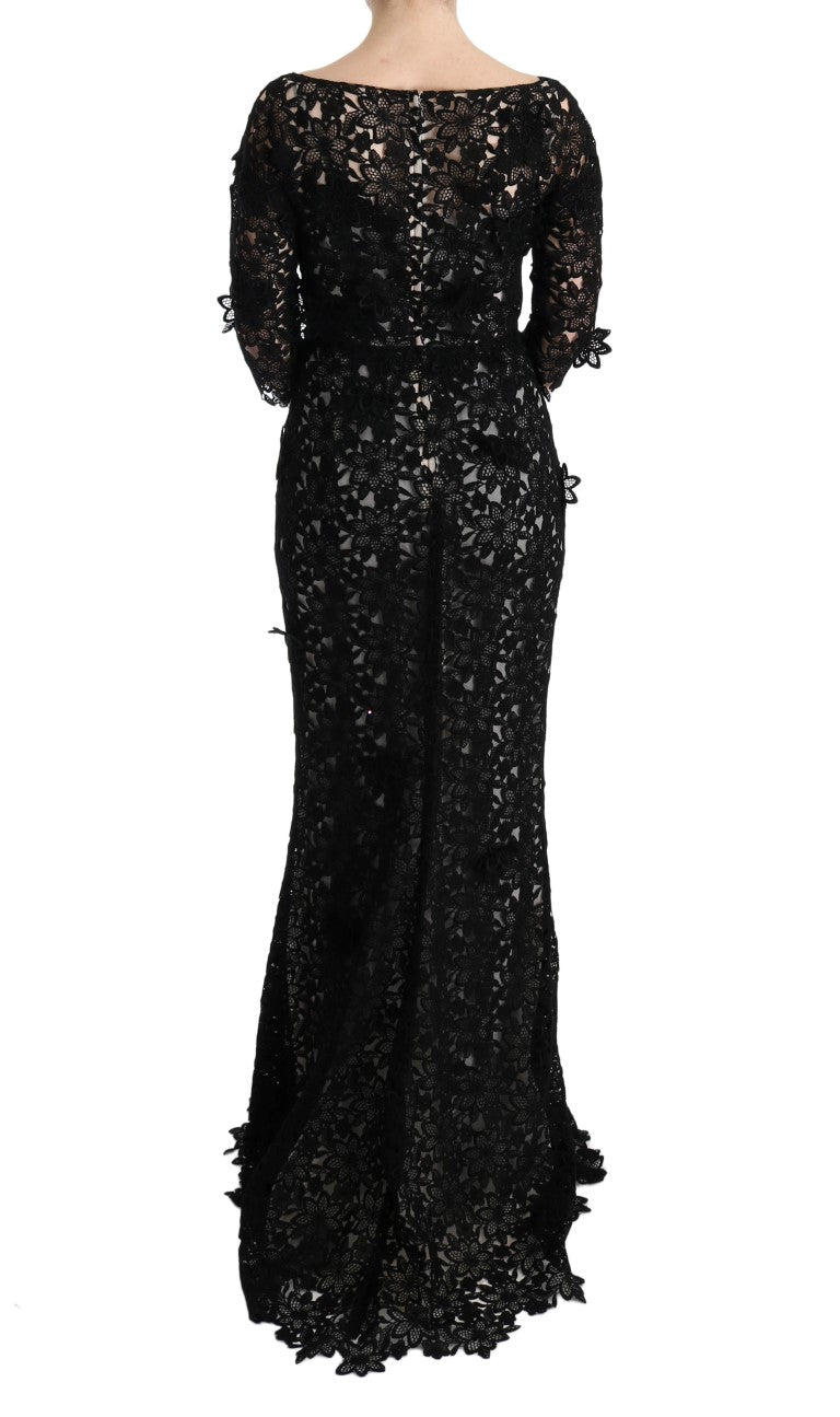 Dolce & Gabbana Schwarzes langes Kleid aus Baumwollseide mit Blumenmuster