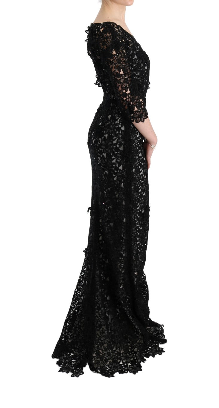 Dolce & Gabbana Schwarzes langes Kleid aus Baumwollseide mit Blumenmuster