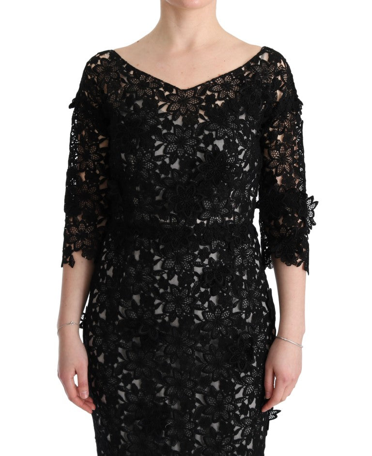 Dolce & Gabbana Schwarzes langes Kleid aus Baumwollseide mit Blumenmuster