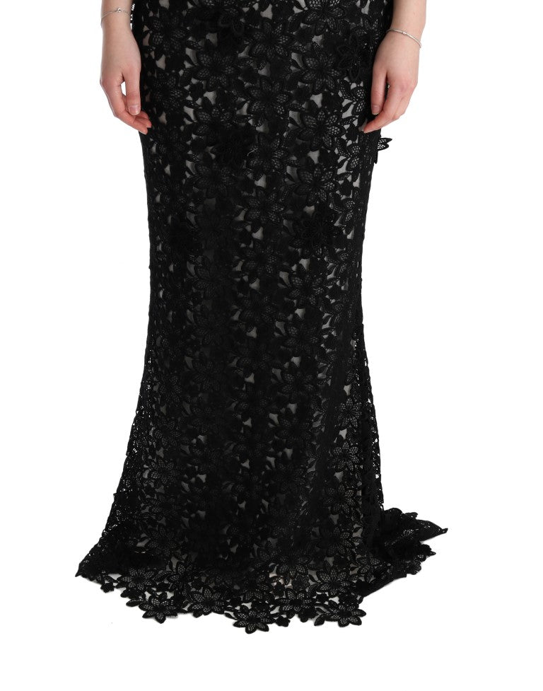 Dolce & Gabbana Schwarzes langes Kleid aus Baumwollseide mit Blumenmuster