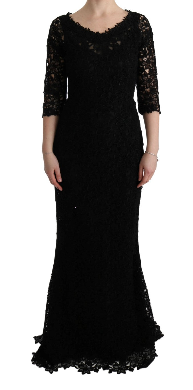 Dolce & Gabbana – Langes Etuikleid „Ricamo“ mit Blumenmuster in Schwarz