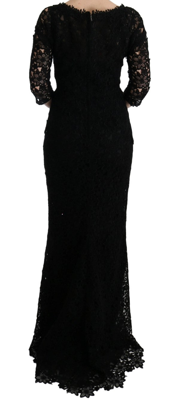 Dolce & Gabbana – Langes Etuikleid „Ricamo“ mit Blumenmuster in Schwarz
