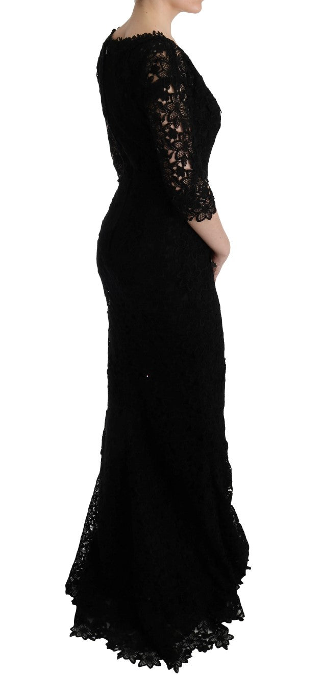 Dolce & Gabbana – Langes Etuikleid „Ricamo“ mit Blumenmuster in Schwarz