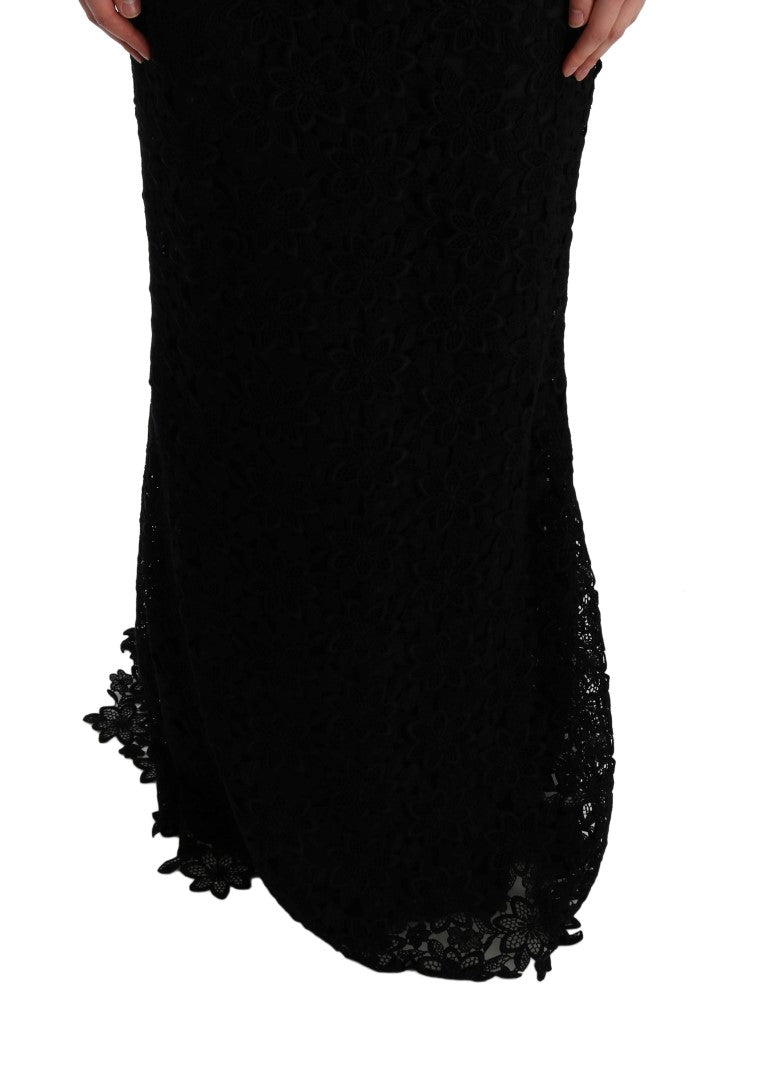 Dolce & Gabbana – Langes Etuikleid „Ricamo“ mit Blumenmuster in Schwarz