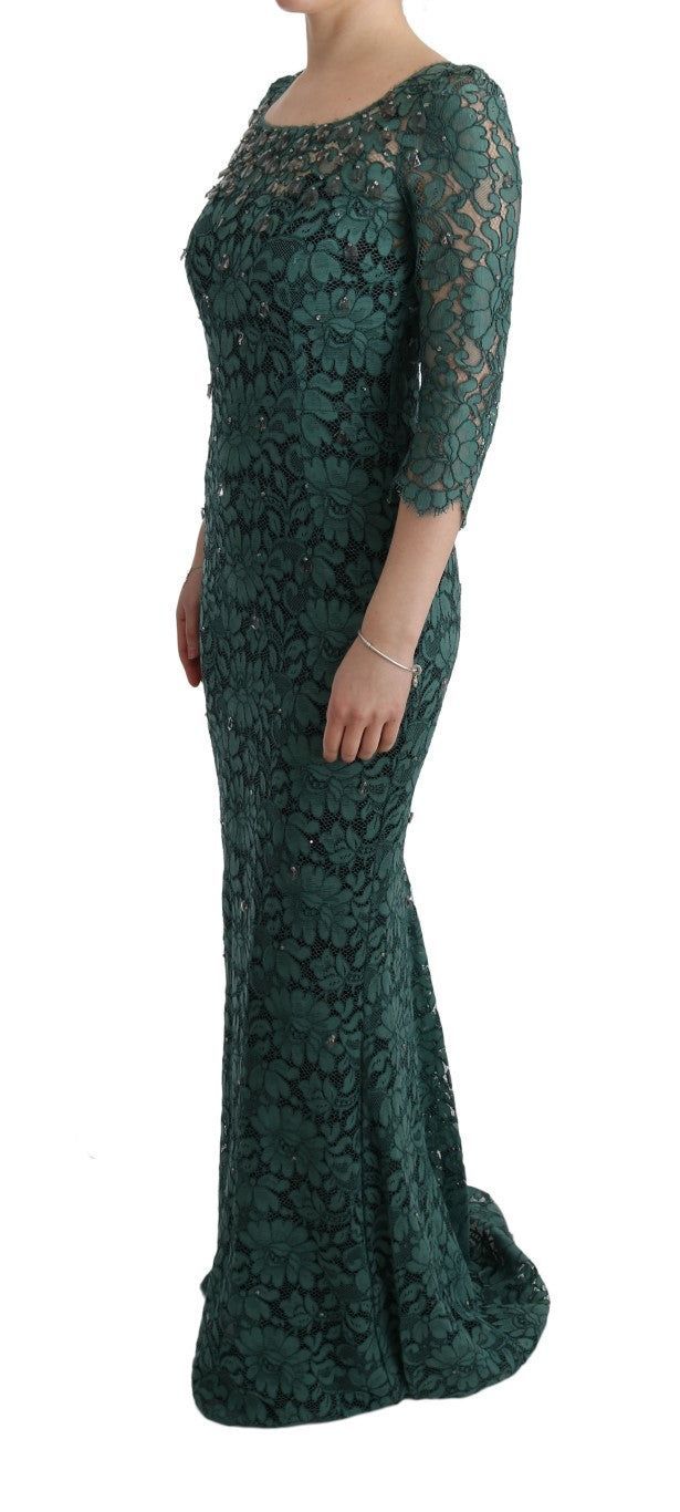 Dolce & Gabbana – Grünes Ricamo-Etuikleid mit Blumenmuster und Kristallen