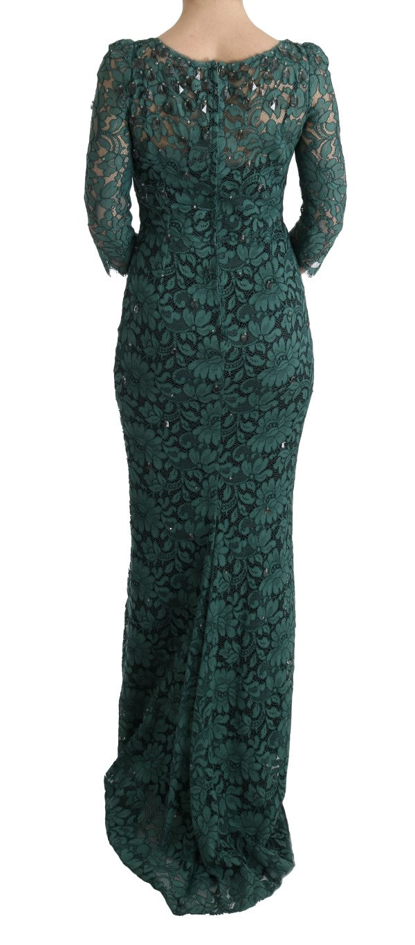 Dolce & Gabbana – Grünes Ricamo-Etuikleid mit Blumenmuster und Kristallen