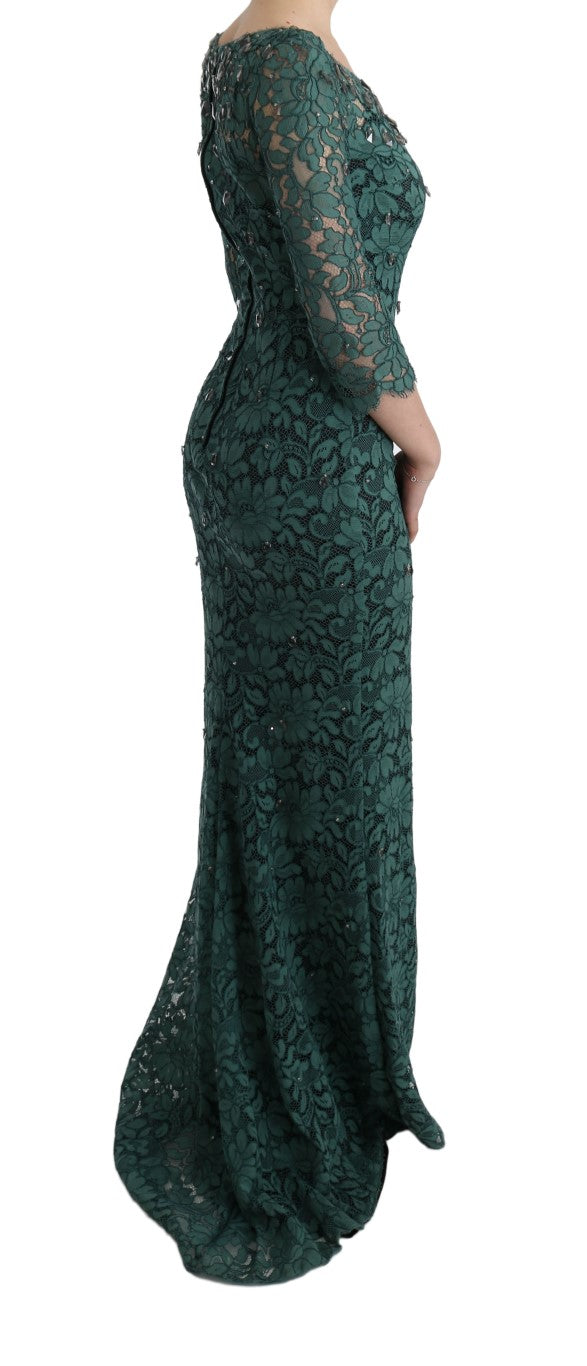 Dolce & Gabbana – Grünes Ricamo-Etuikleid mit Blumenmuster und Kristallen