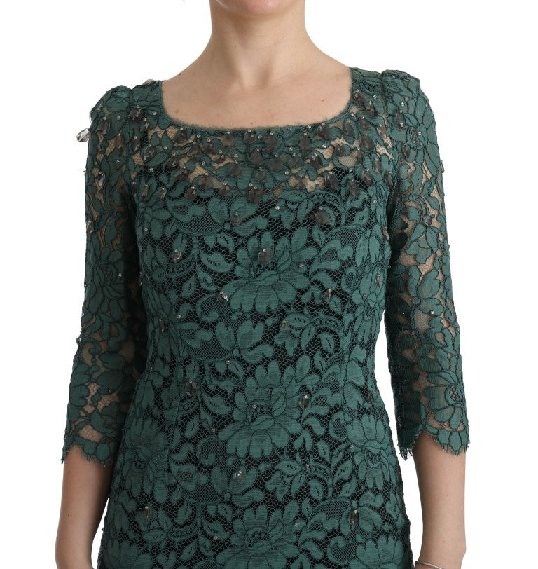 Dolce & Gabbana – Grünes Ricamo-Etuikleid mit Blumenmuster und Kristallen