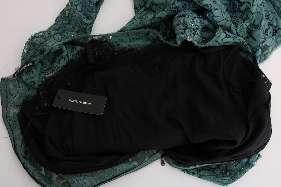 Dolce & Gabbana – Grünes Ricamo-Etuikleid mit Blumenmuster und Kristallen